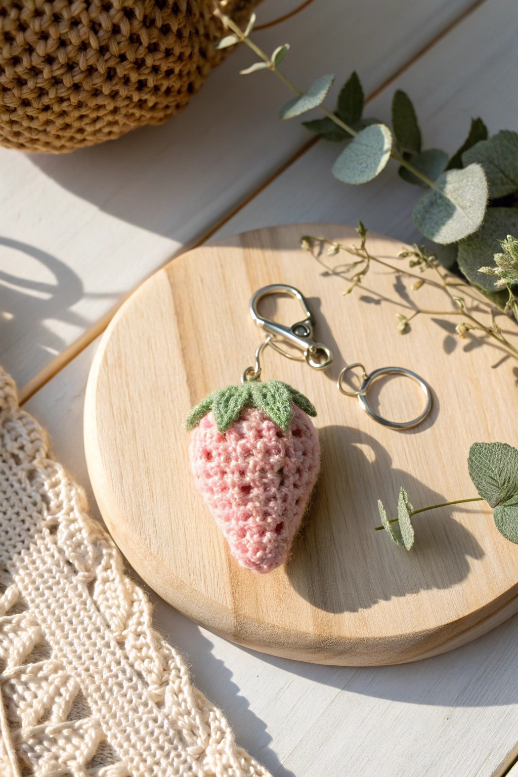 A touch of whimsy: hand-crocheted strawberry keychain, the perfect playful accessory.