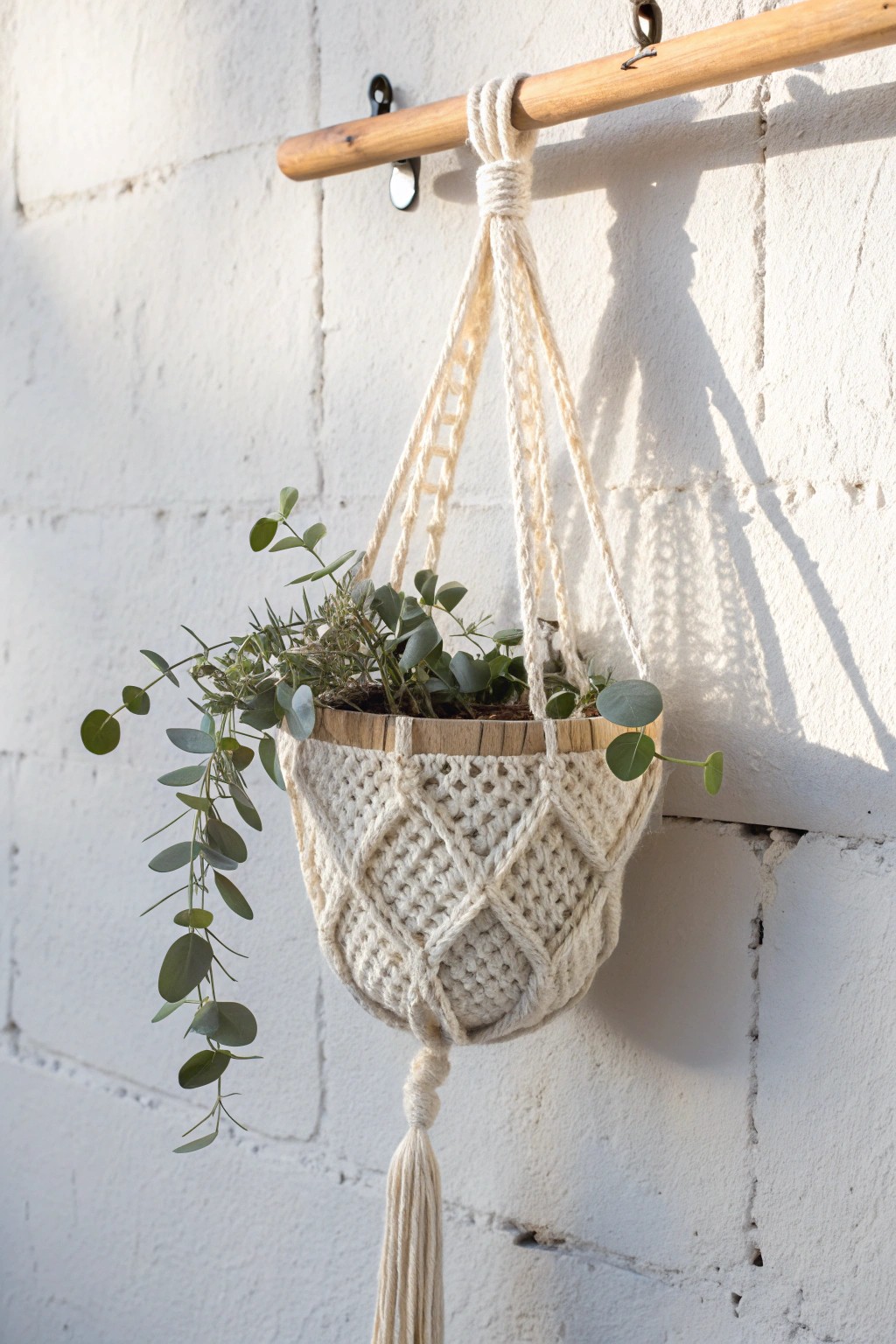 Scandi-boho crochet: The perfect handmade hanging basket for stylish, organized living.