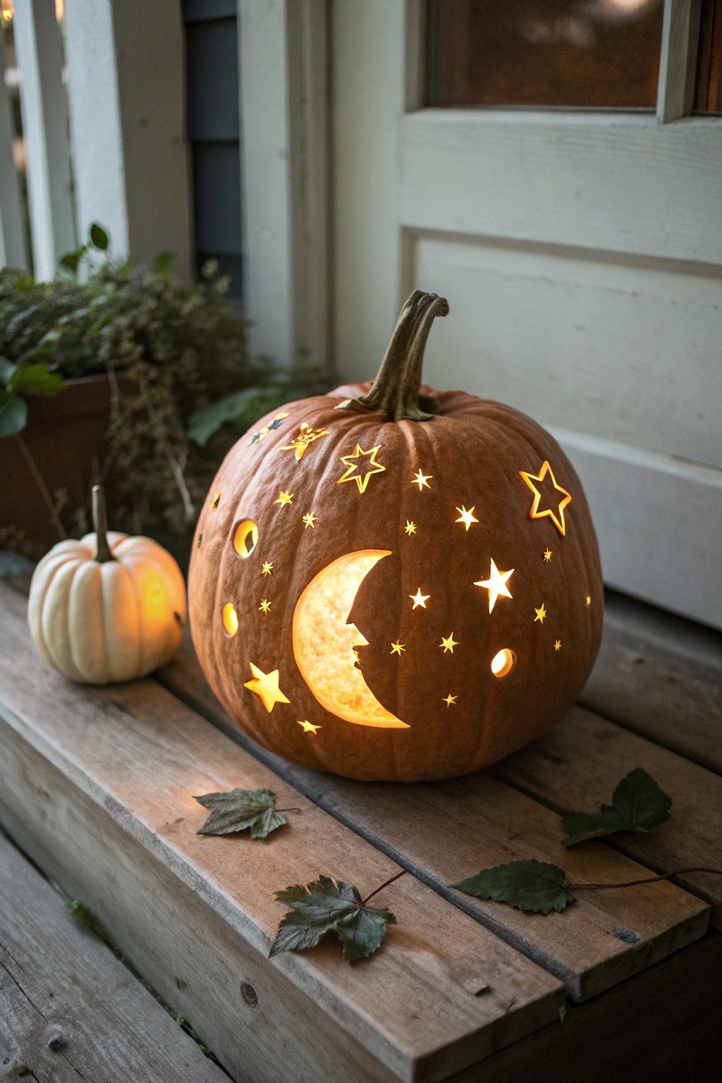 Celestial glow: a handcrafted pumpkin that shines softly after dark.