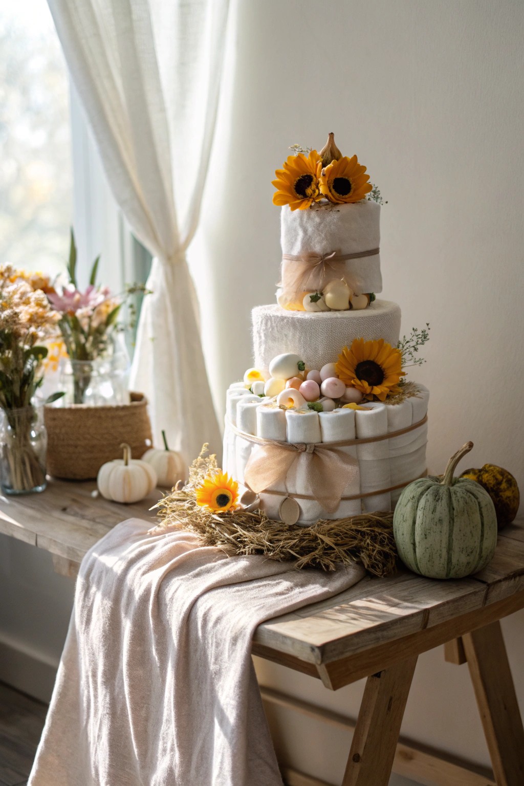 Celebrate the season with a charmingly simple, handcrafted diaper cake—Scandi style meets boho chic.
