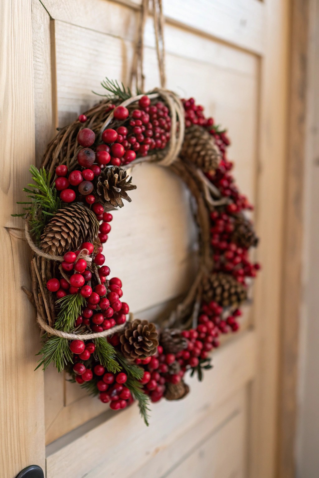 Minimalist cranberry & pinecone wreath – a simple, festive touch for your door.