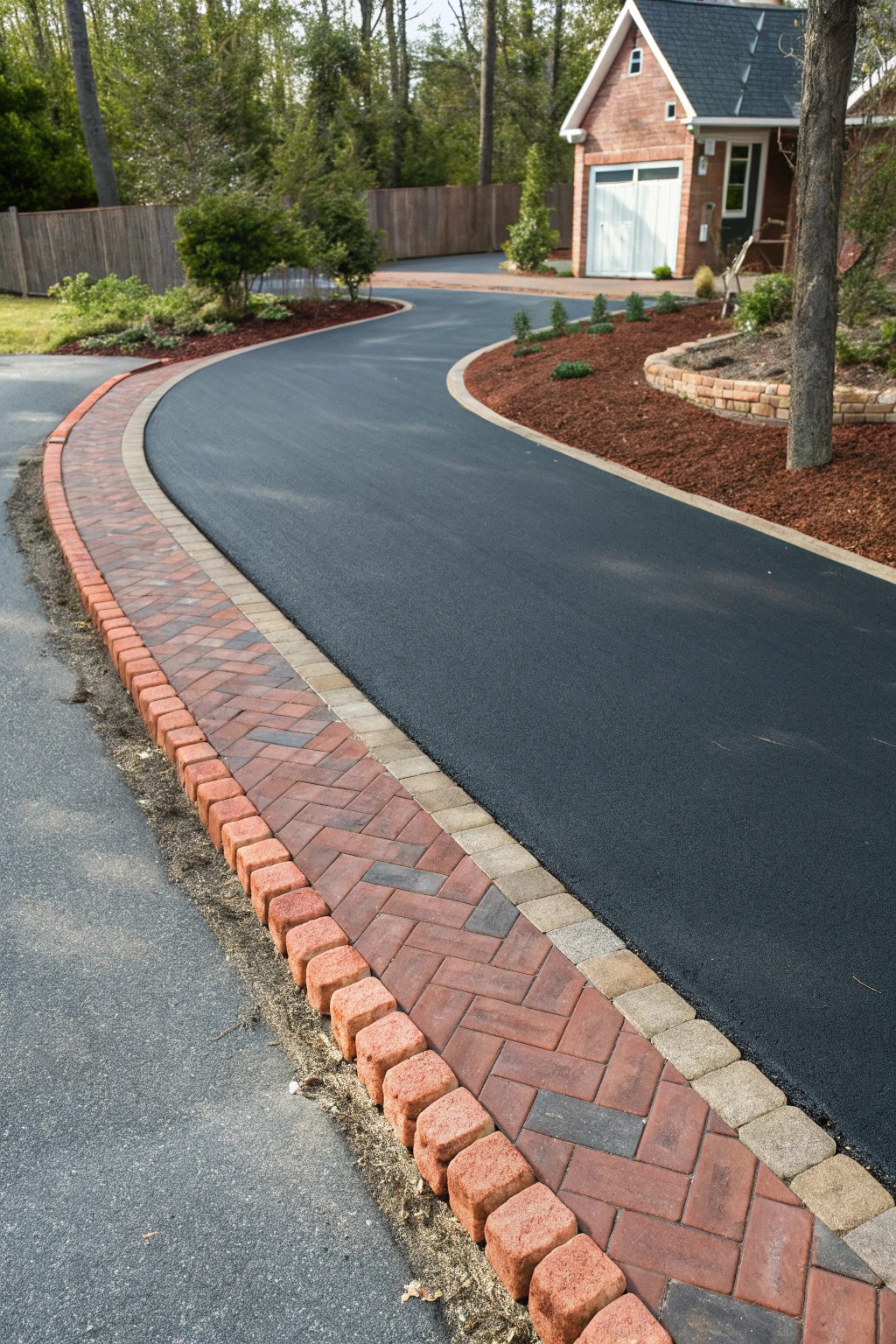 Elevate your driveway—classic asphalt meets artisanal brick for timeless curb appeal.