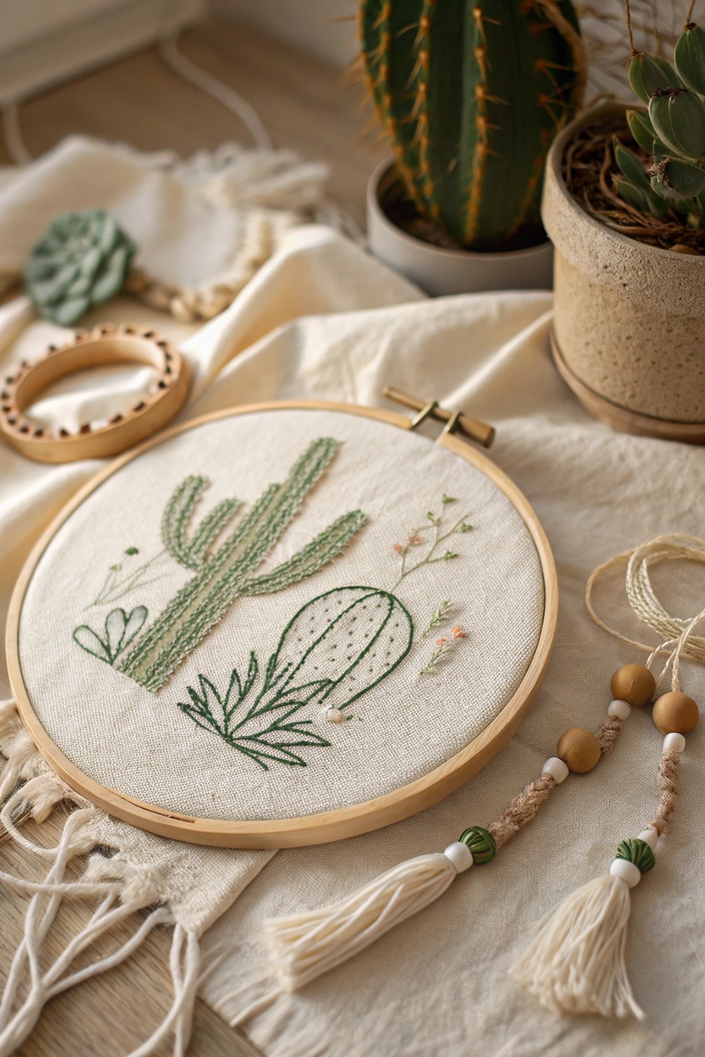 Bring a touch of handcrafted greenery into your space with this minimalist cactus embroidery.