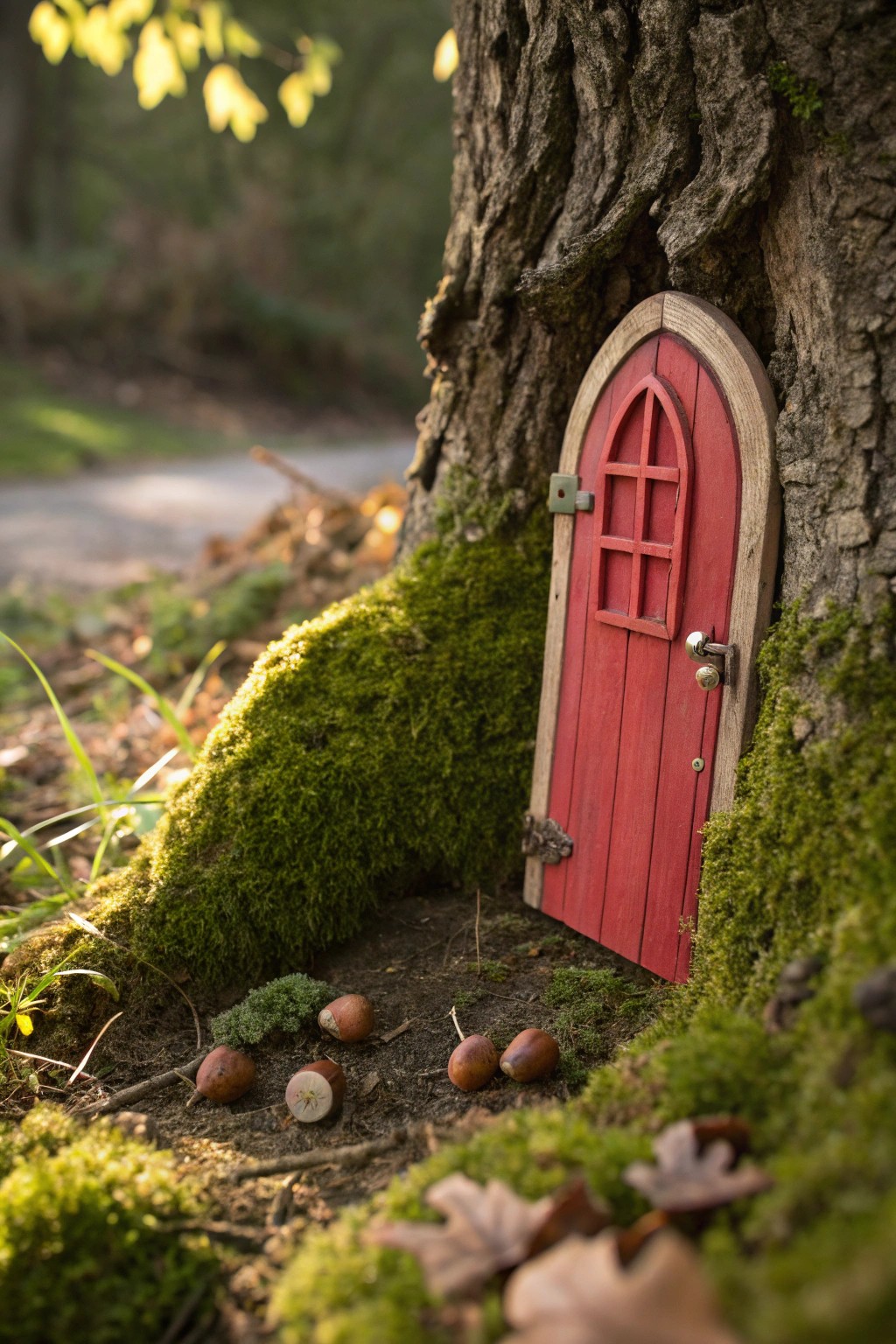 A secret red fairy door—where woodland magic begins.