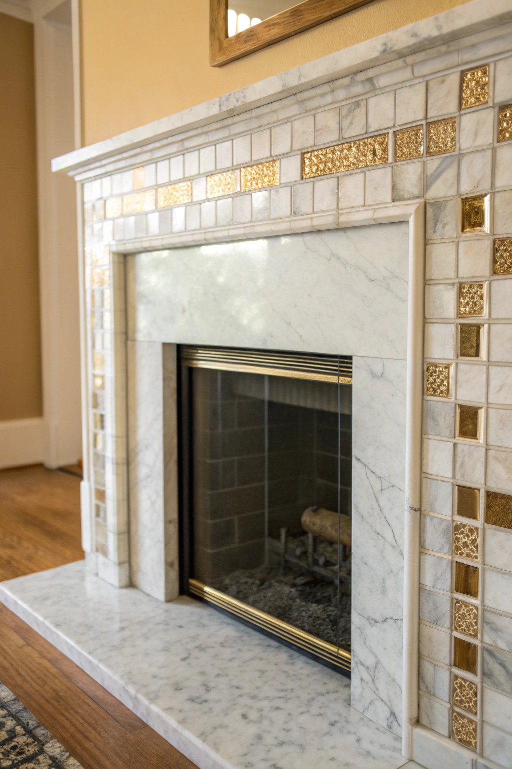 Elevate your hearth with a refined mosaic of marble, metal, and glass tiles.