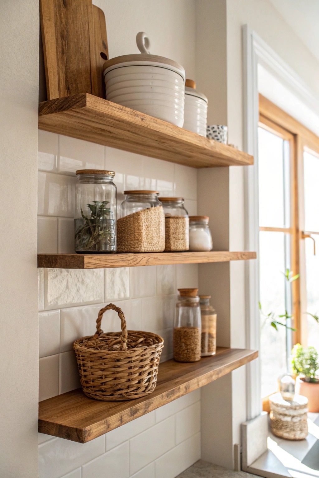 Elevate your kitchen with simple, beautiful open pantry shelving.