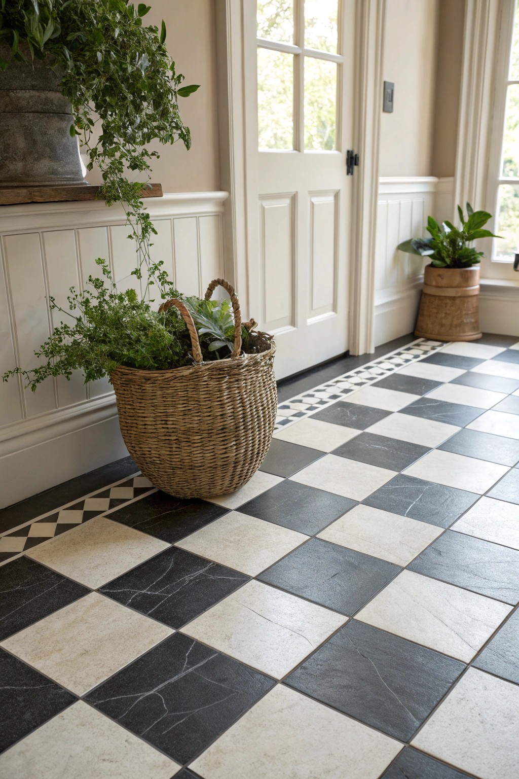 Modern elegance: Two-tone tiles meet handcrafted style in a welcoming foyer.