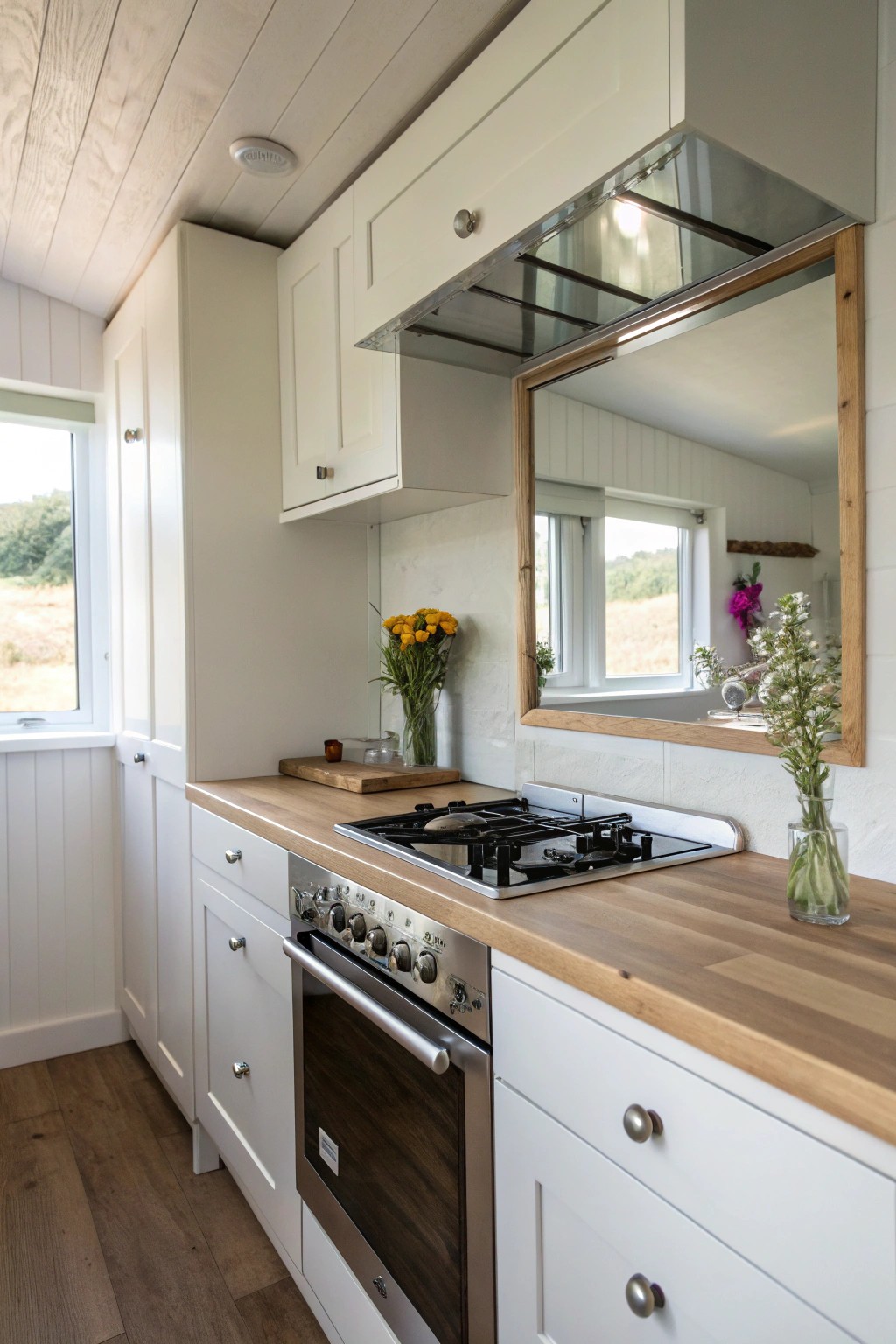 A mirrored backsplash brings light and spaciousness to your galley kitchen.