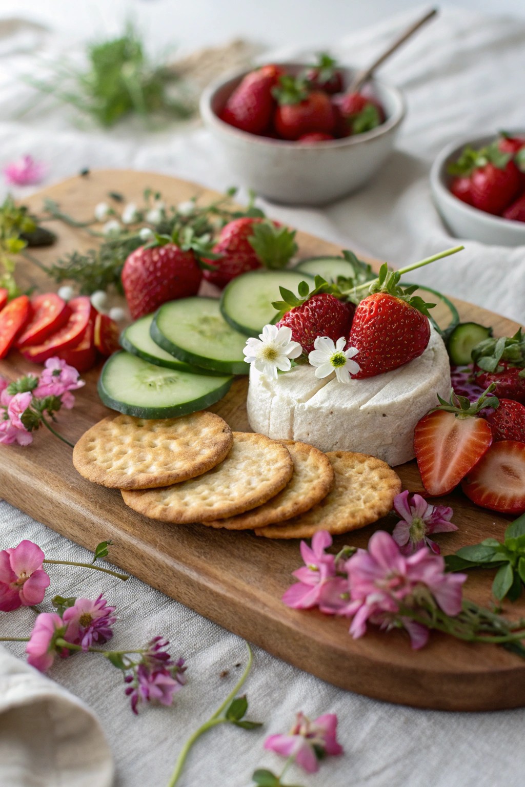 Celebrate spring with a garden-inspired grazing board adorned with edible flowers.