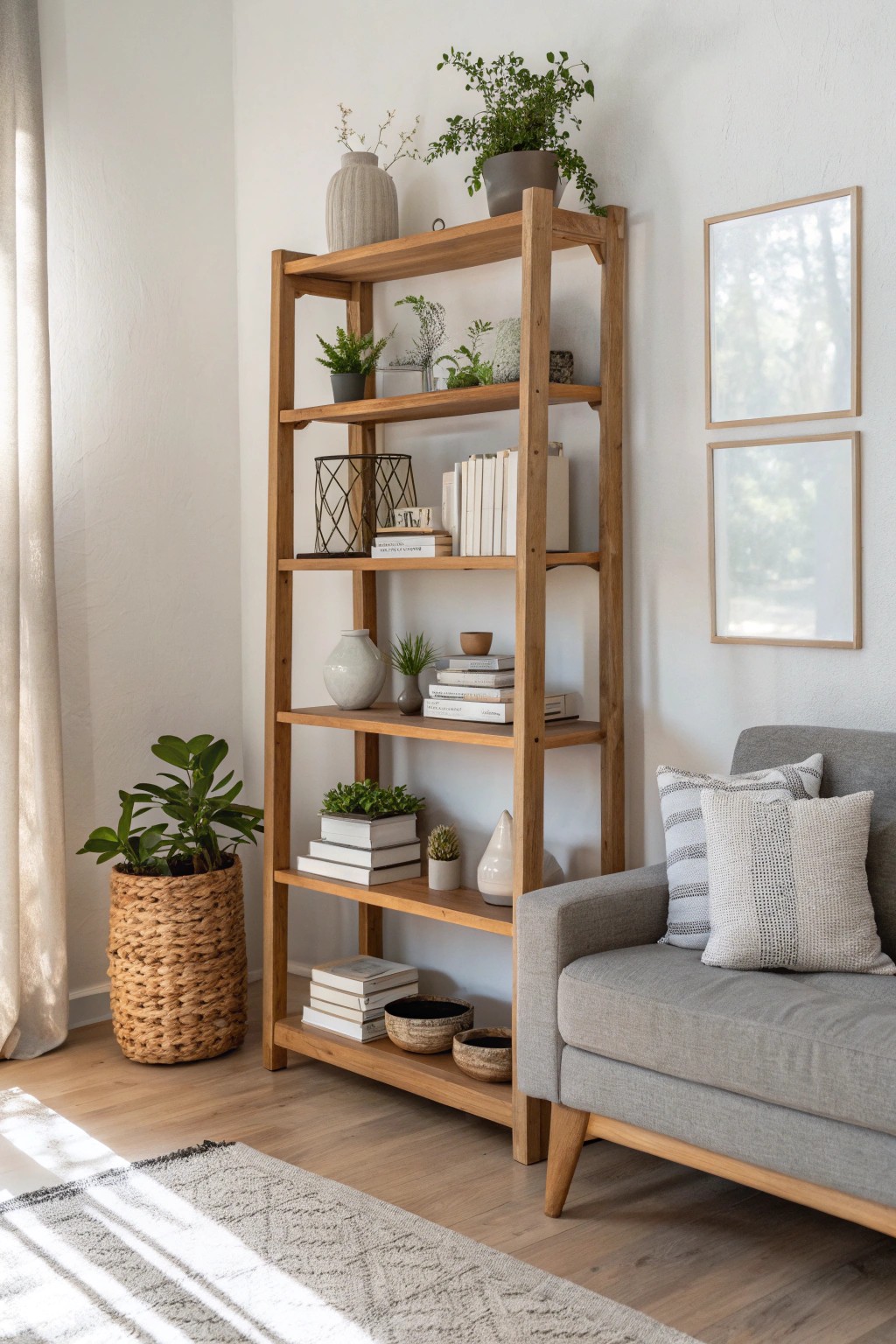 Define your living space with artful open shelving behind a chic grey couch.