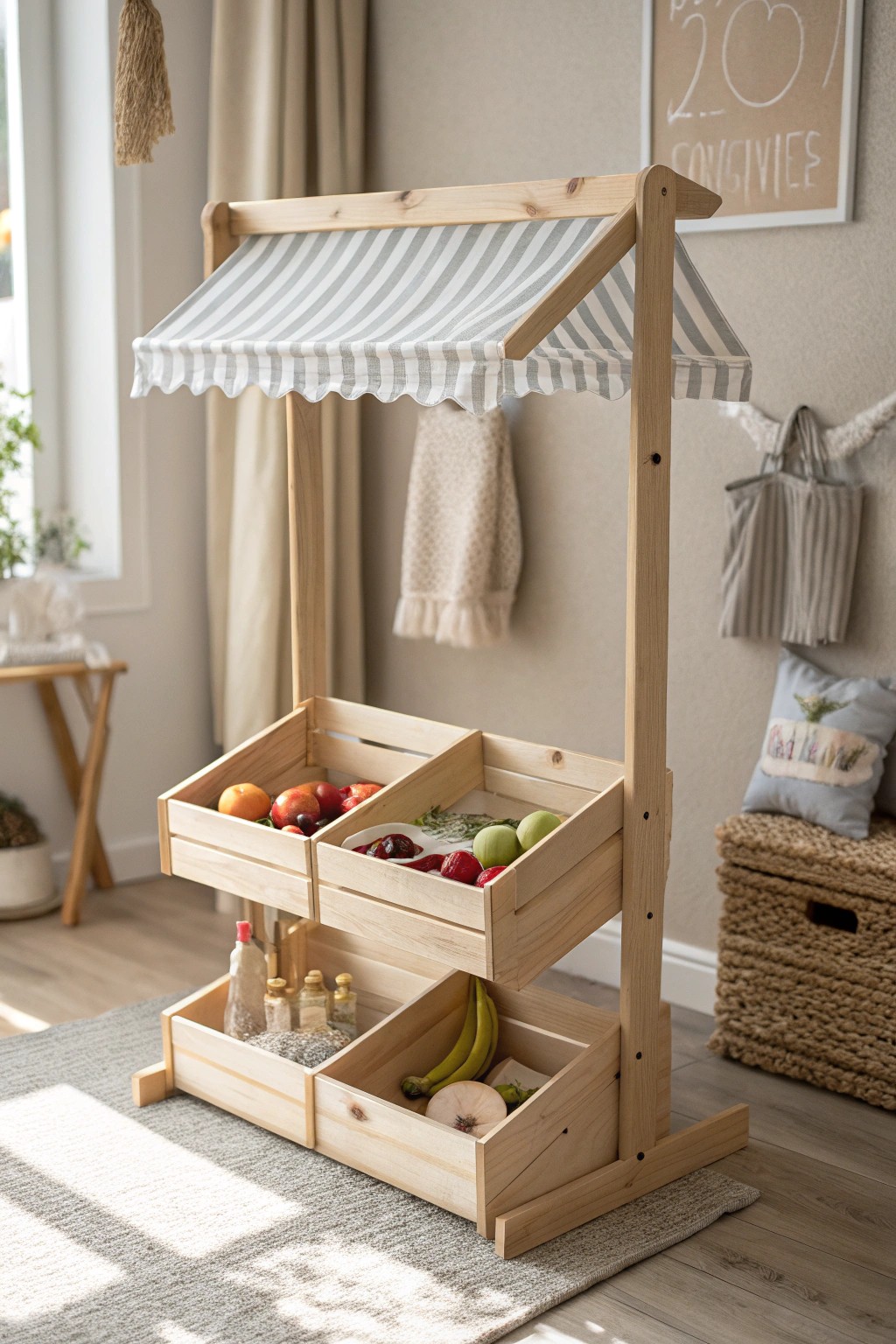 A charming wooden market stand: the perfect play corner for imaginative kids.