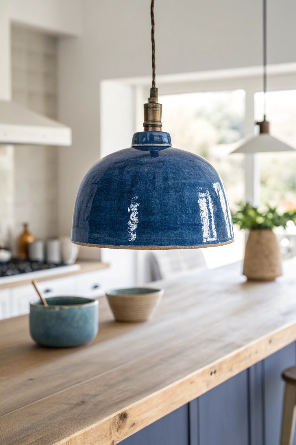 Elevate your kitchen island with a bold, handcrafted pendant in deep blue—where simplicity meets artistry.