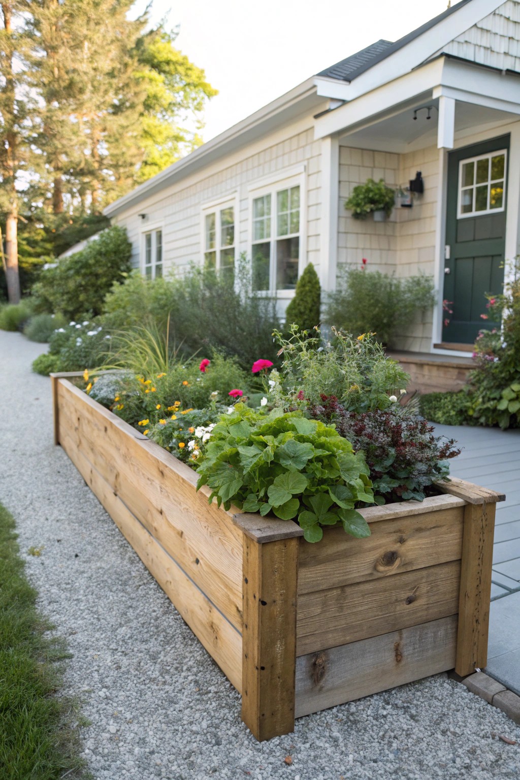Elevate your curb appeal with a handcrafted wooden raised flower bed.