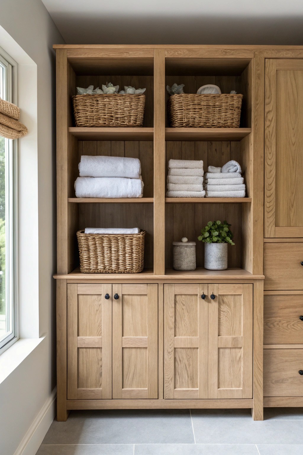 Effortless balance: open shelves meet closed cabinets for a tidy, beautiful laundry room.