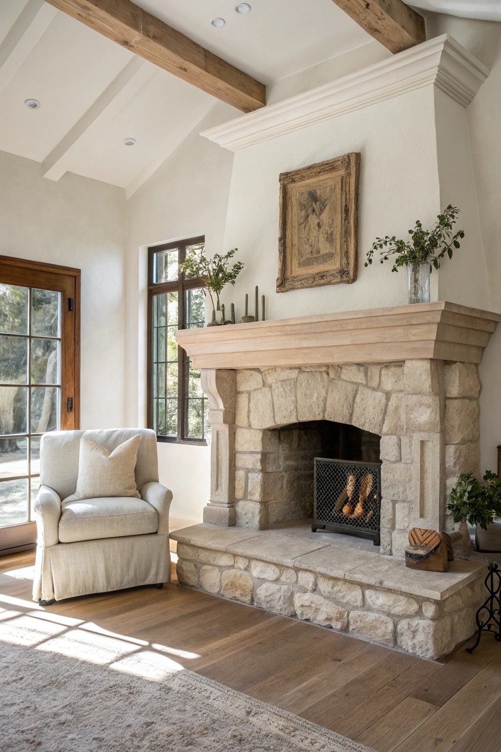 A stunning stone fireplace brings warmth and balance to a minimalist living room.
