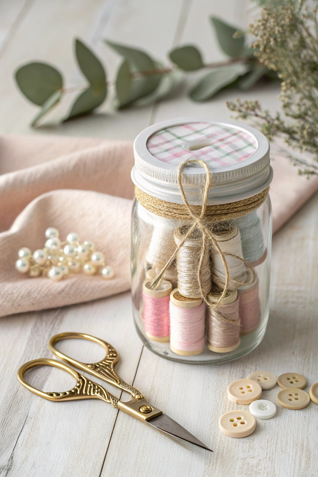 A charming DIY sewing kit in a mason jar—simple, beautiful, and made with love.