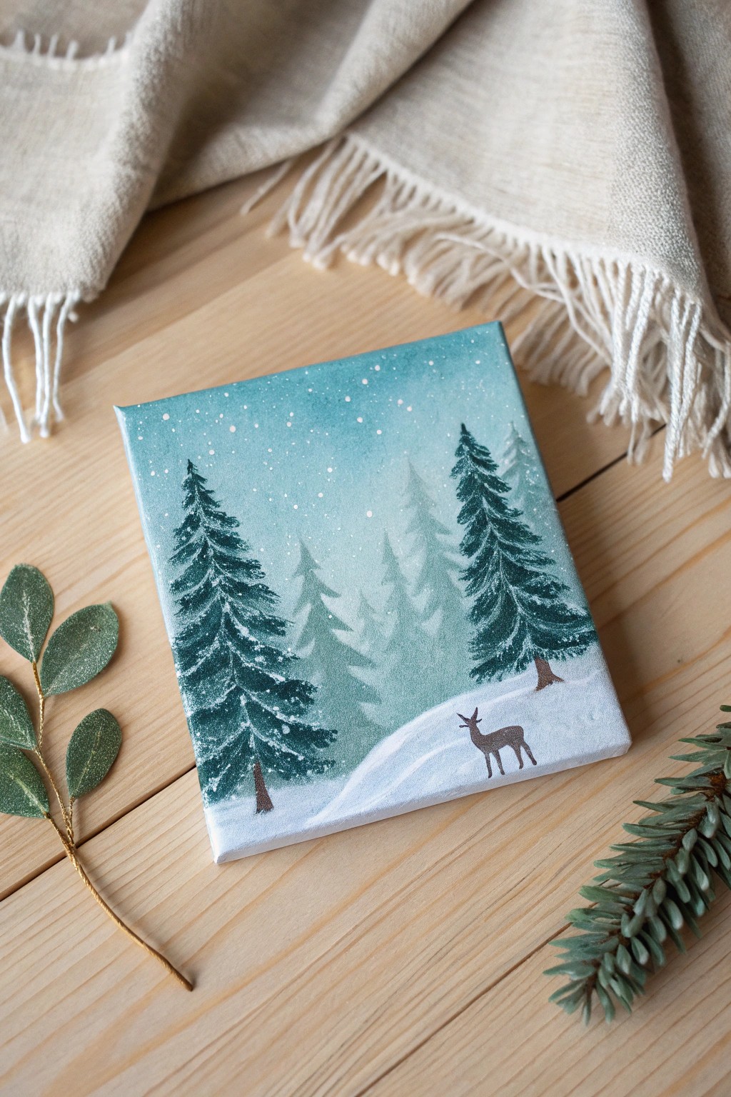 Cozy up with a mini canvas: a dreamy winter forest wonderland in Scandinavian style.