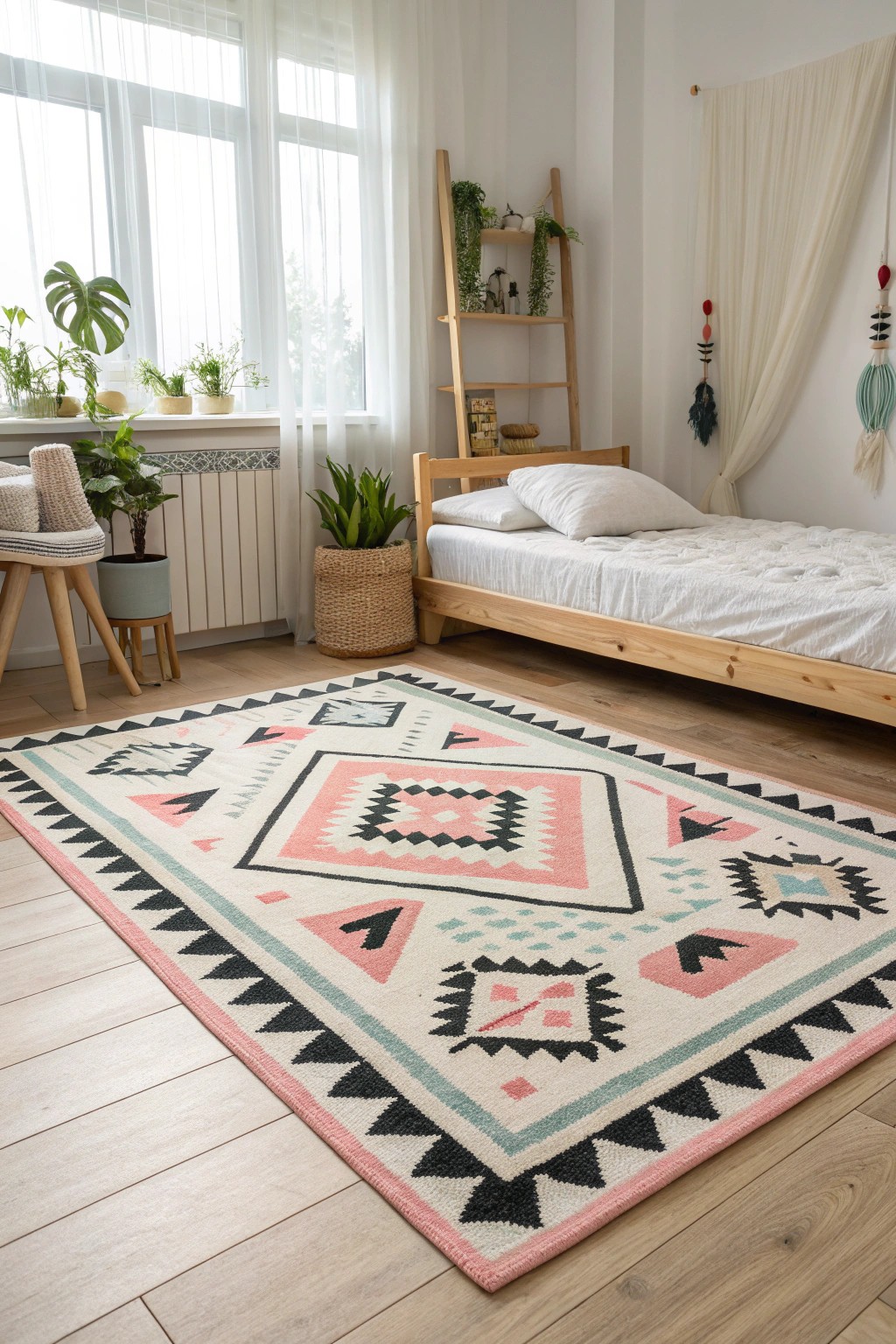 Make a statement with a bold, graphic rug—perfect for a modern, minimalist teen bedroom.