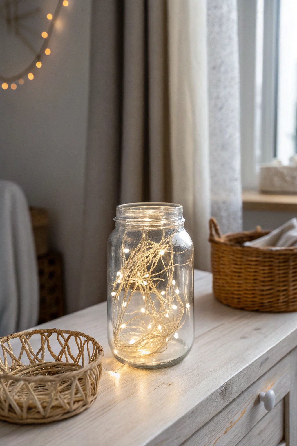 Scandinavian movie night magic: a jar of glowing string lights sets the perfect cozy mood.