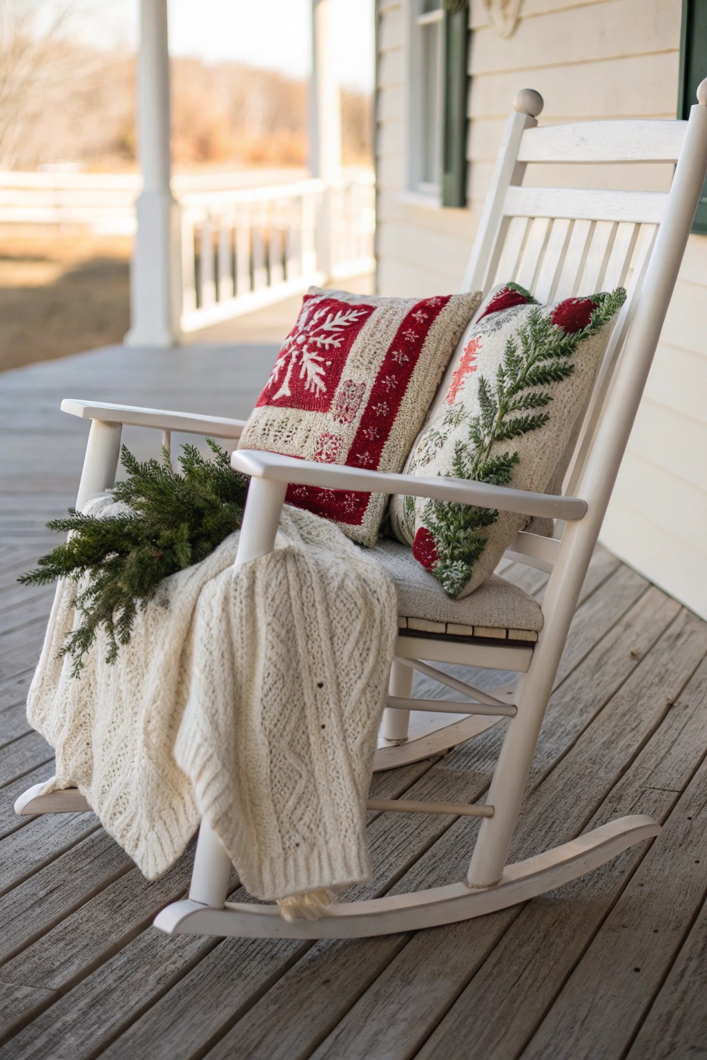 Simple holiday charm: a cozy rocking chair dressed for Christmas.