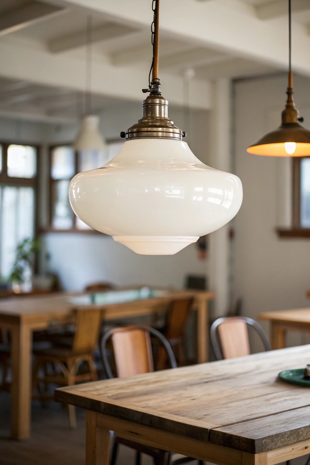 Timeless charm: a vintage schoolhouse pendant brings classic comfort to the dining table.
