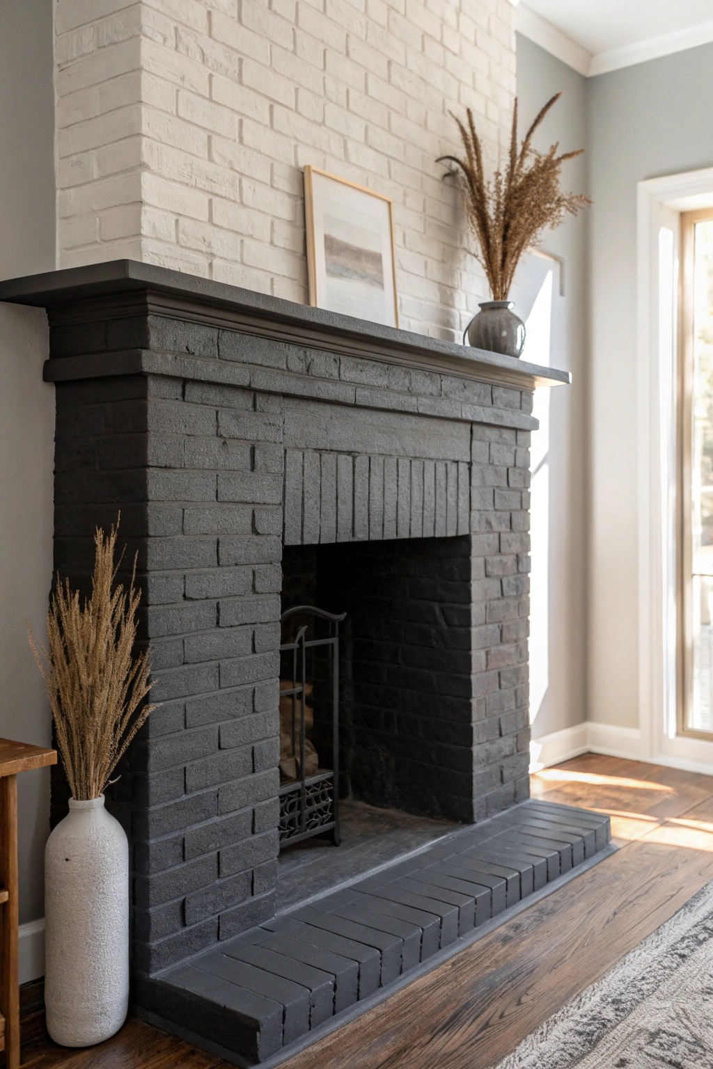 Modern warmth: a matte charcoal brick fireplace anchors the space with urban simplicity.