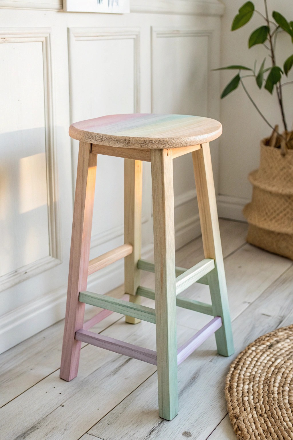 Bring joy to your space with a hand-painted rainbow kitchen stool—Scandi minimalism meets playful color.