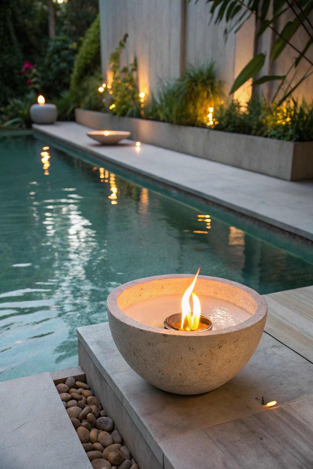 Simple luxury: a fire bowl brings warmth and wonder to your poolside evenings.