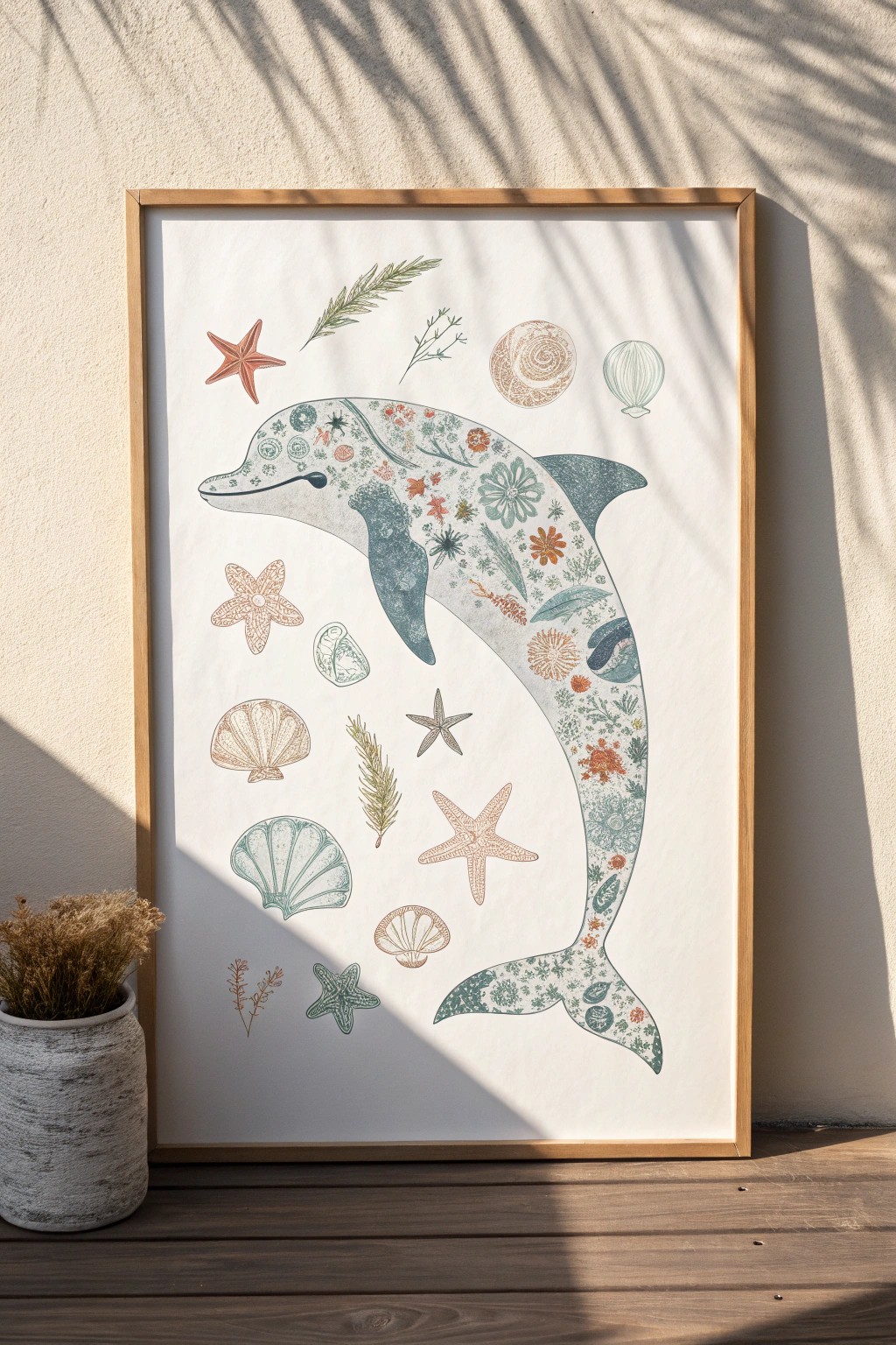 Tell your story through art: a dolphin silhouette crafted from charming ocean icons in serene Scandinavian style.