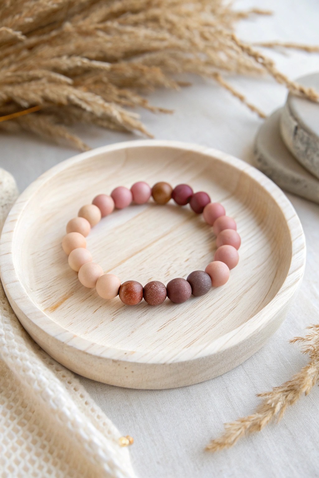 Tonal trio: Elevate your stack with handcrafted clay beads in dreamy shades of pink.