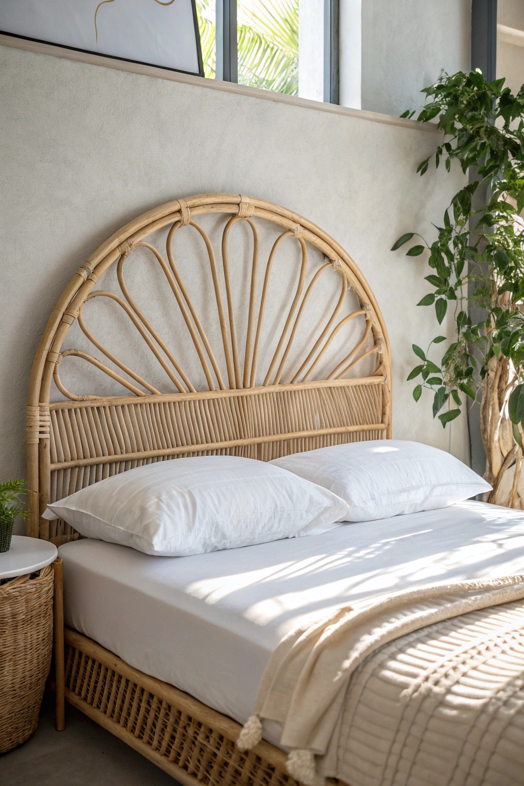 Elevate your bedroom with a statement headboard that blends simplicity and natural charm.