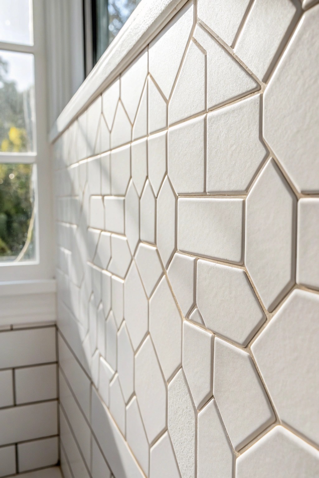 Elevate your small bathroom with a playful mix of geometric tiles—simple, stunning, and full of character.