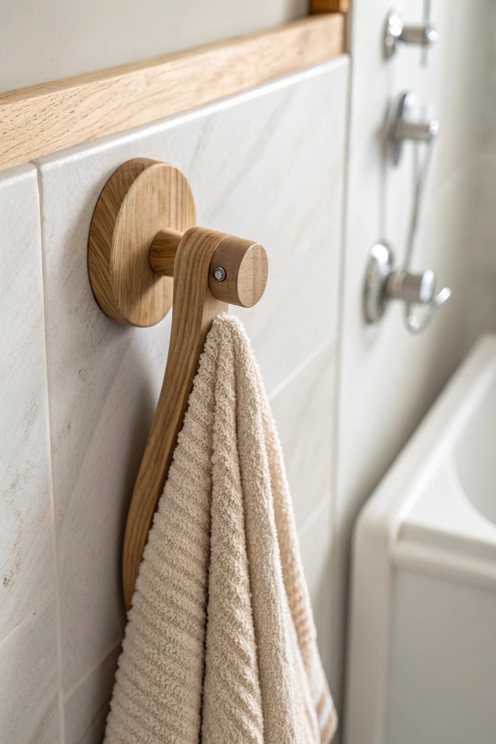 Simple wooden wall hook: effortless elegance for bathroom storage.