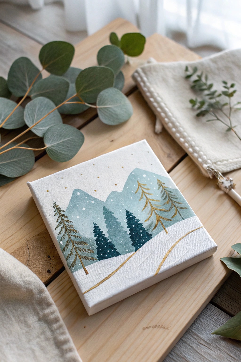 Tiny canvas, big charm: a minimalist snowy forest scene for your cozy space.