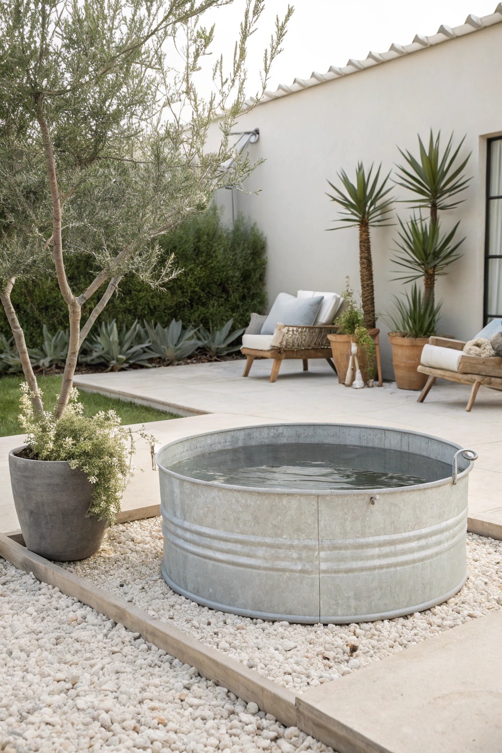 Minimalist stock tank pool oasis—where modern simplicity meets serene outdoor living.