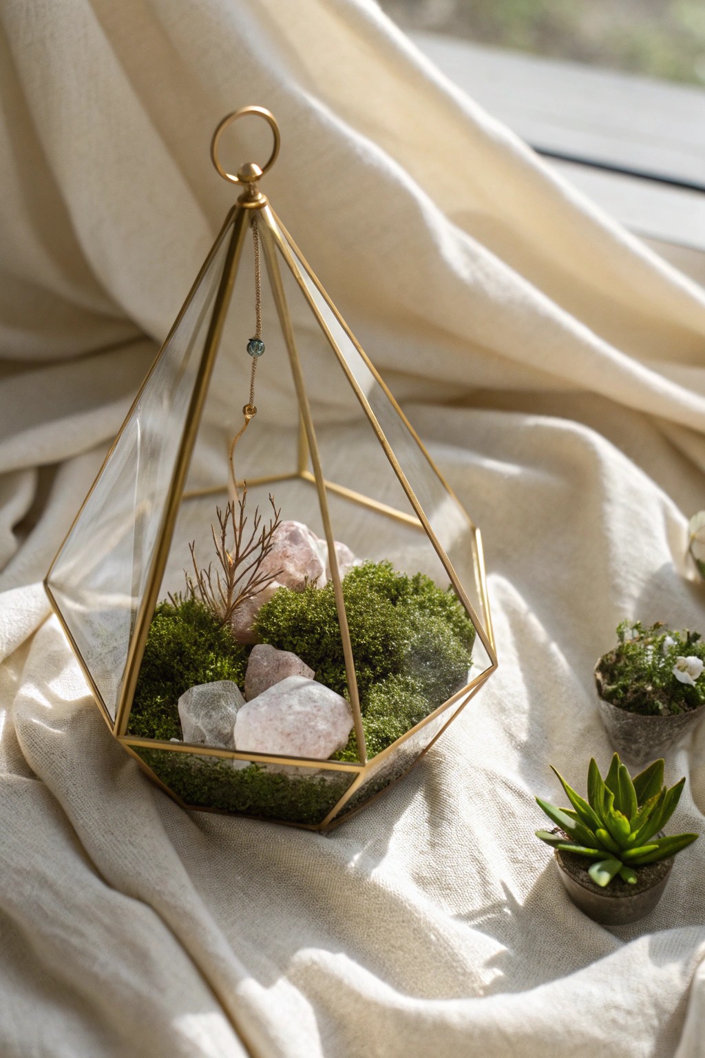 Enchant your guests with handcrafted mini terrariums—tiny worlds of moss and crystal elegance.