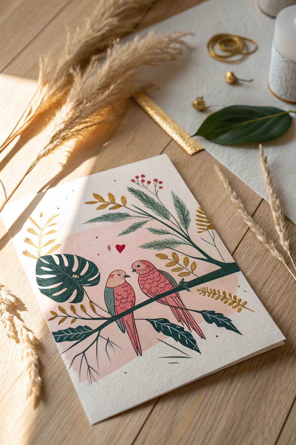 Chic minimalist lovebirds card—Scandinavian style meets boho beauty for your anniversary.