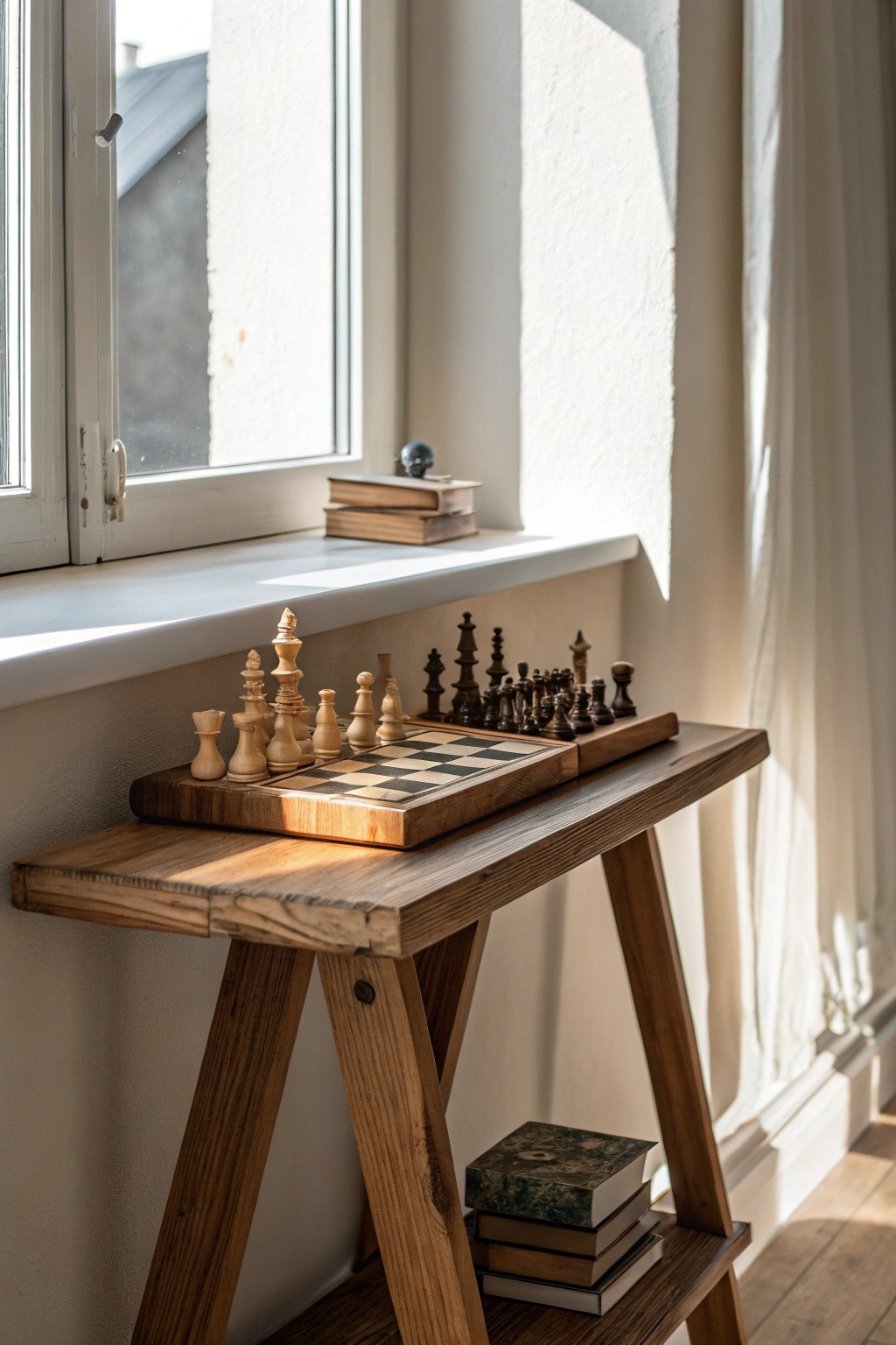 A vintage chessboard adds soulful charm to a small living space.
