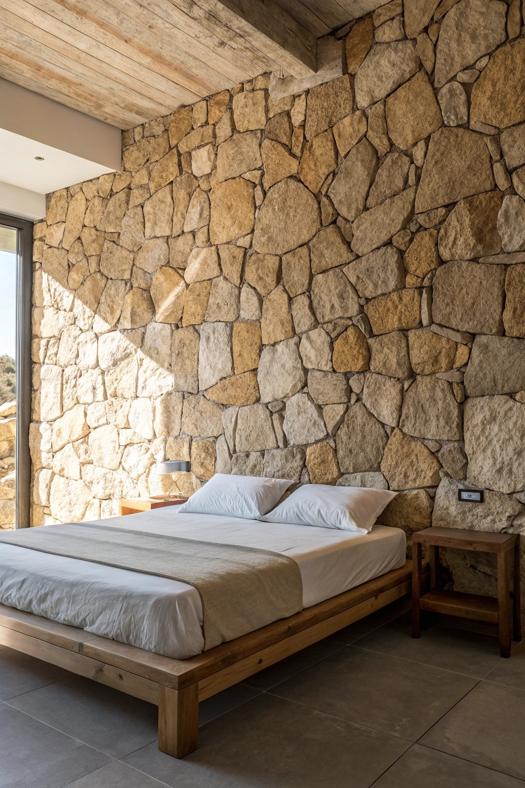 Bring timeless character to your bedroom with a stunning stone accent wall.