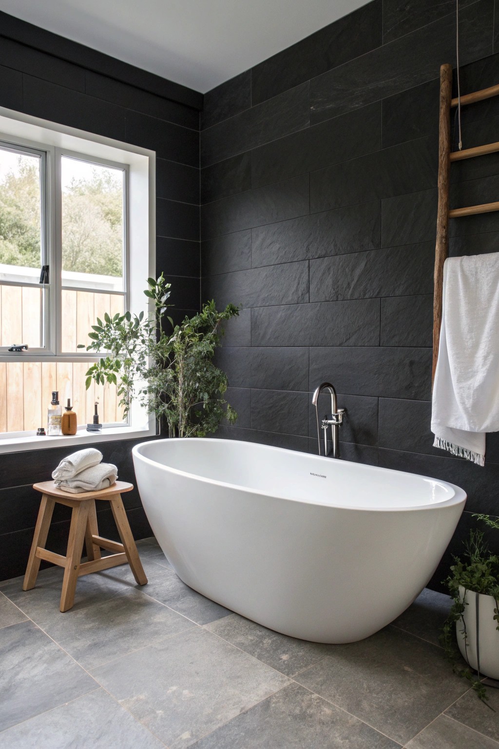 A sculptural white tub brings serene elegance to a black-and-white bathroom.