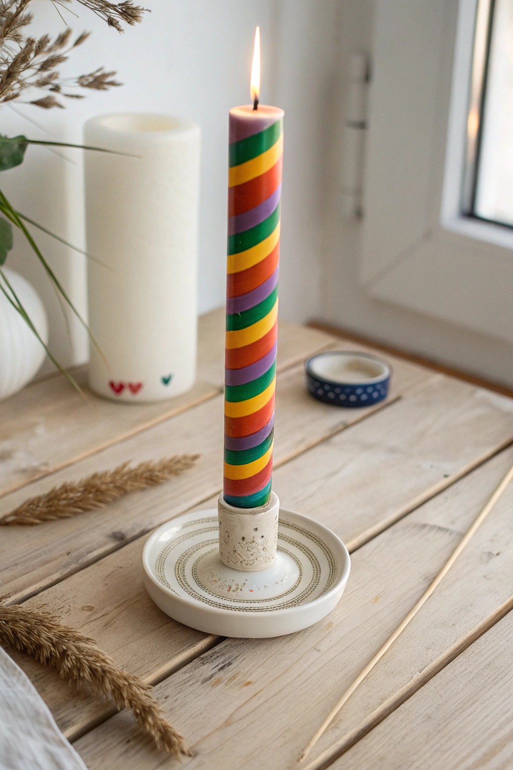 Bring joy to your space with hand-painted rainbow stripe candles—minimalist, bold, and beautifully crafted.