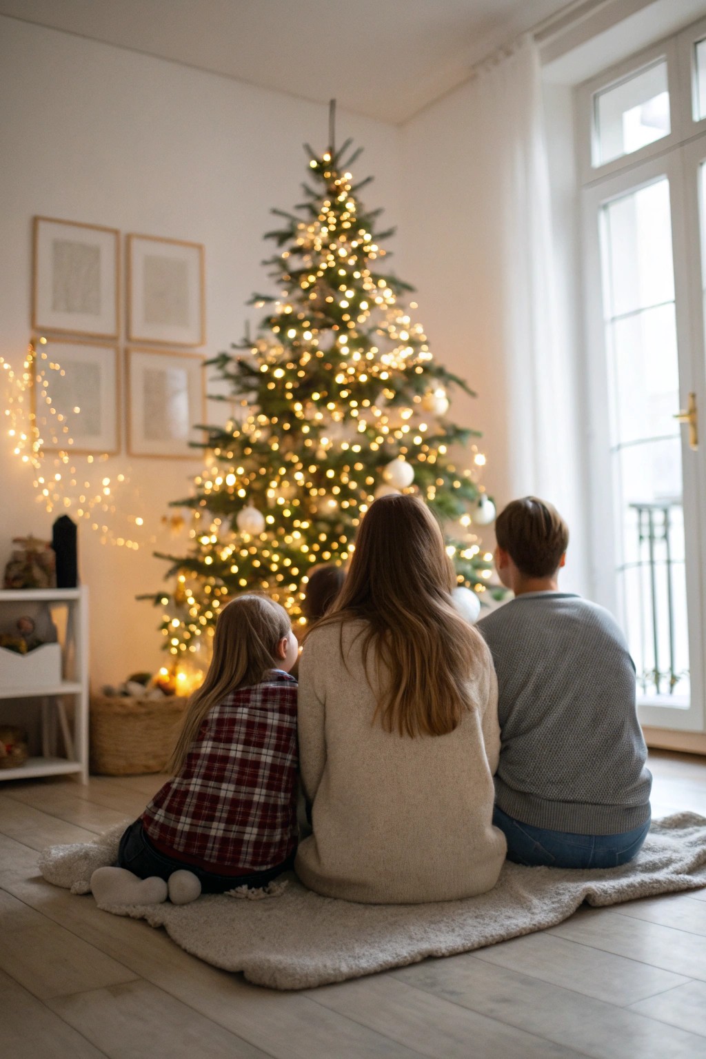 A quiet moment: the whole family admiring the Christmas tree, captured from behind.