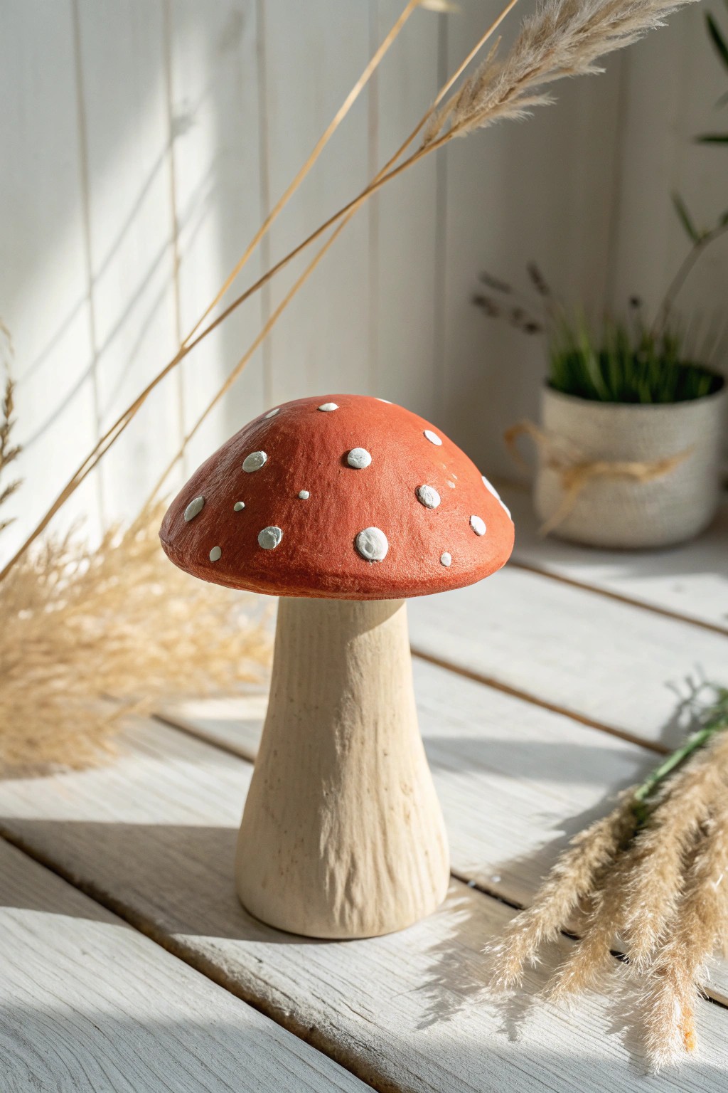 Whimsical clay mushroom: the perfect handcrafted accent for your minimalist space.