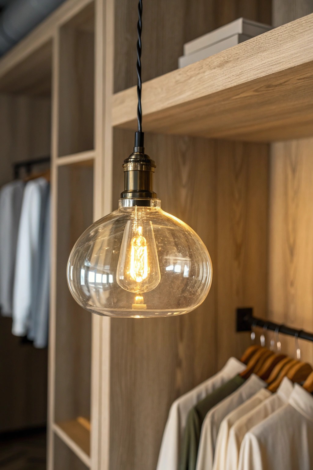 Elevate your closet with the warm glow of a handcrafted pendant light.