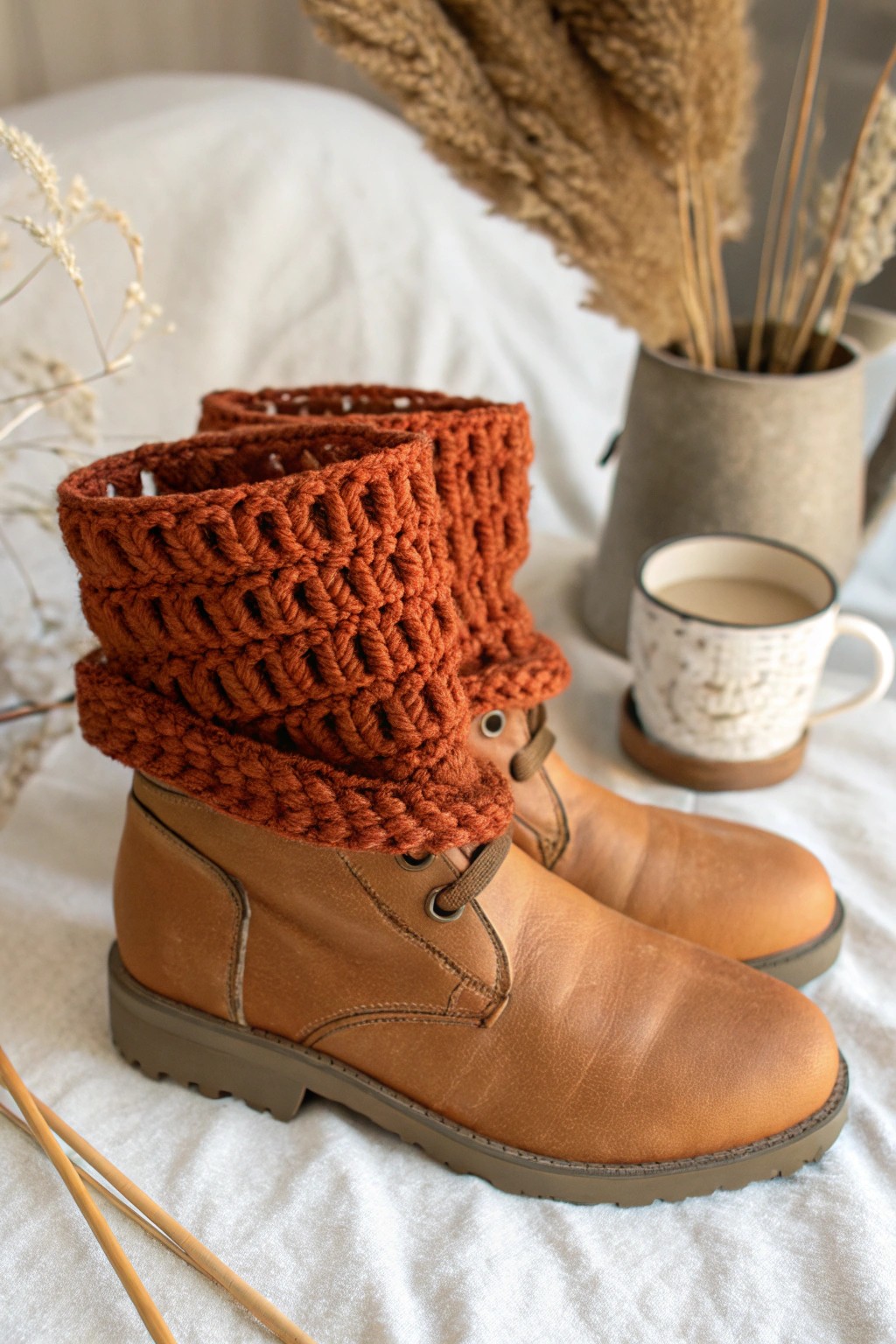 Handcrafted coziness: bold crochet boot cuffs for effortless winter style.