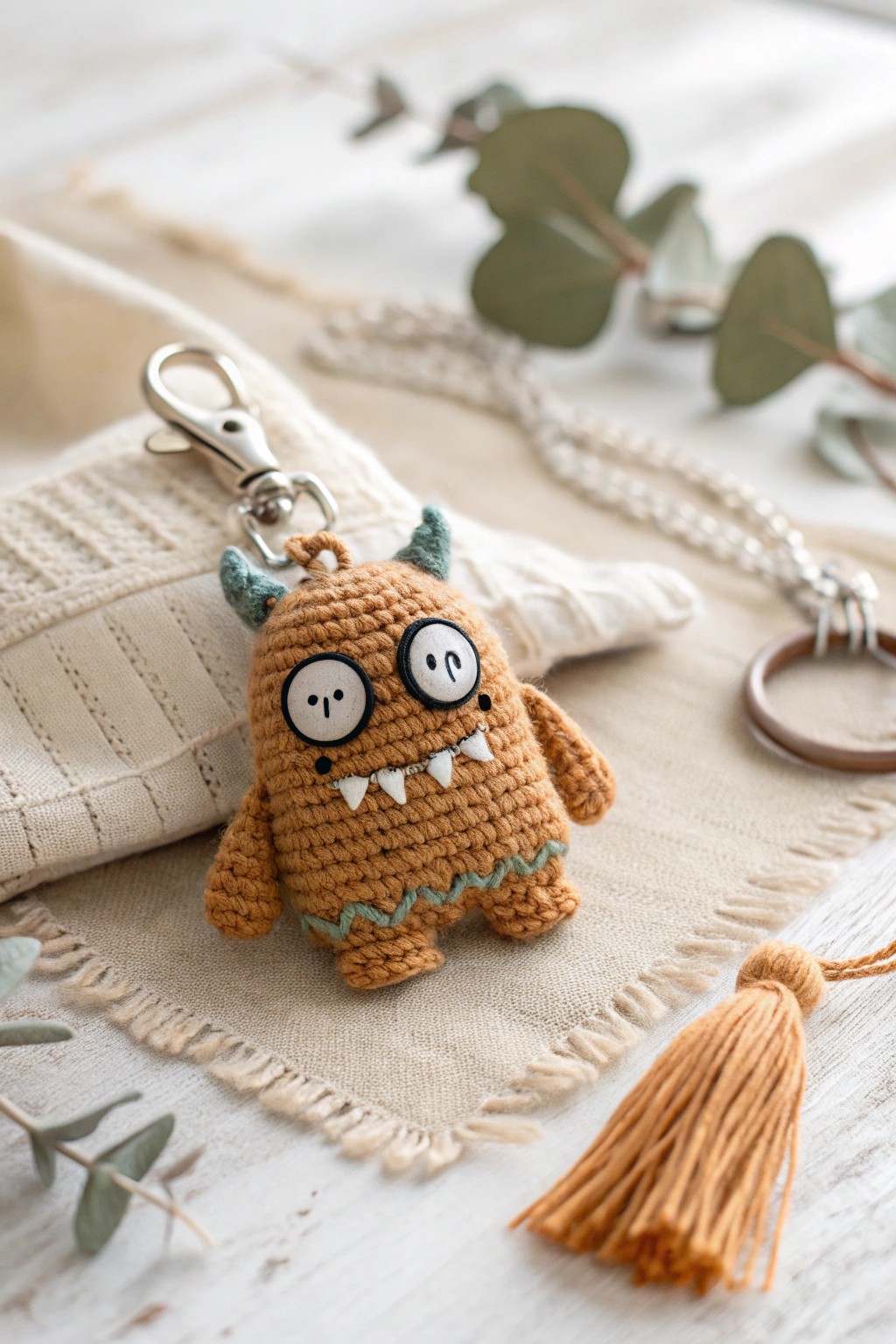 Handmade crochet monster keychain—whimsical charm meets Scandinavian simplicity.