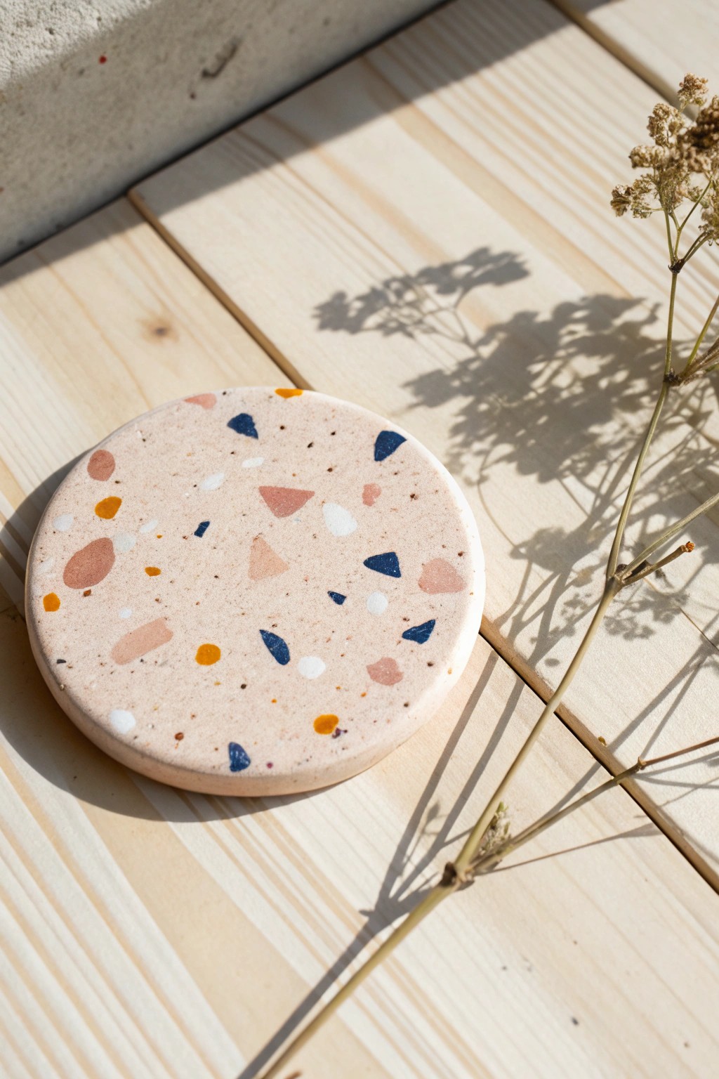 Handcrafted clay coaster: a blend of minimalist style and bold, boho-inspired color.