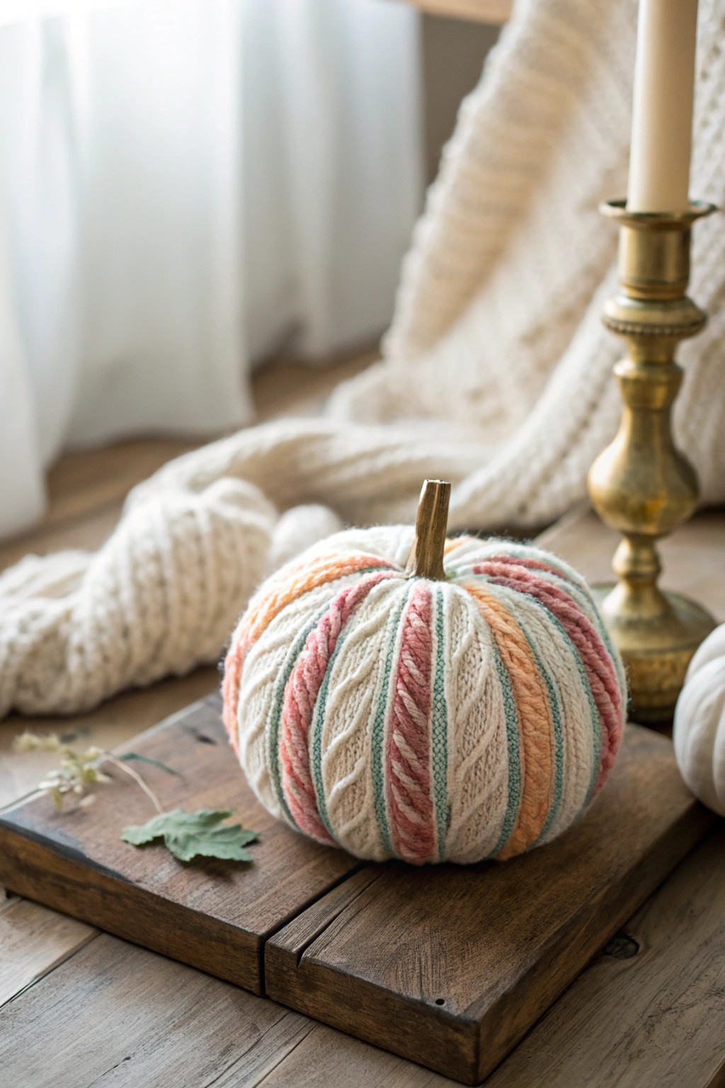 Handcrafted boho beauty: a cozy yarn-wrapped pumpkin for autumn vibes.