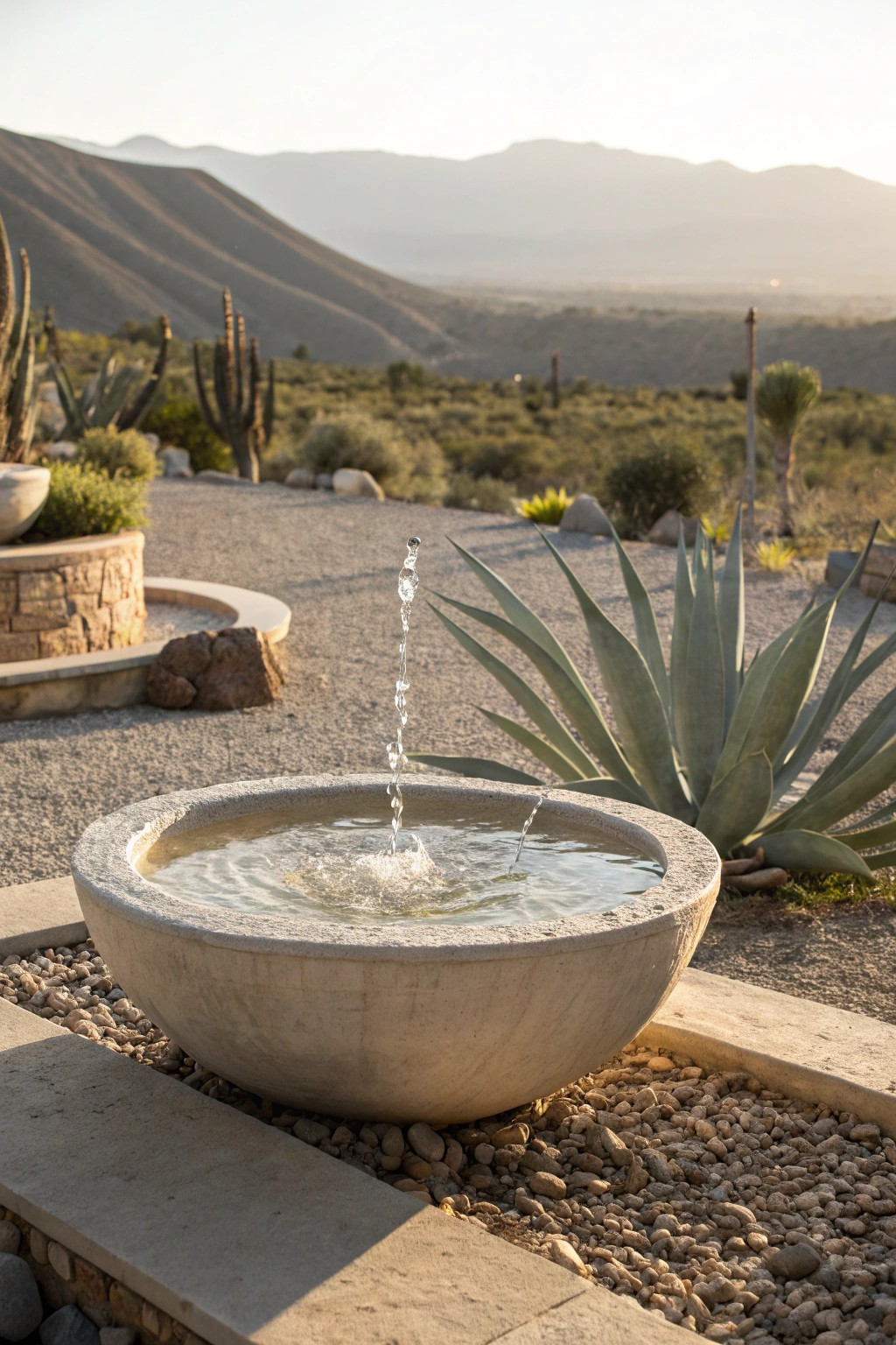Modern desert tranquility: a handcrafted fountain brings cool beauty to the heat.