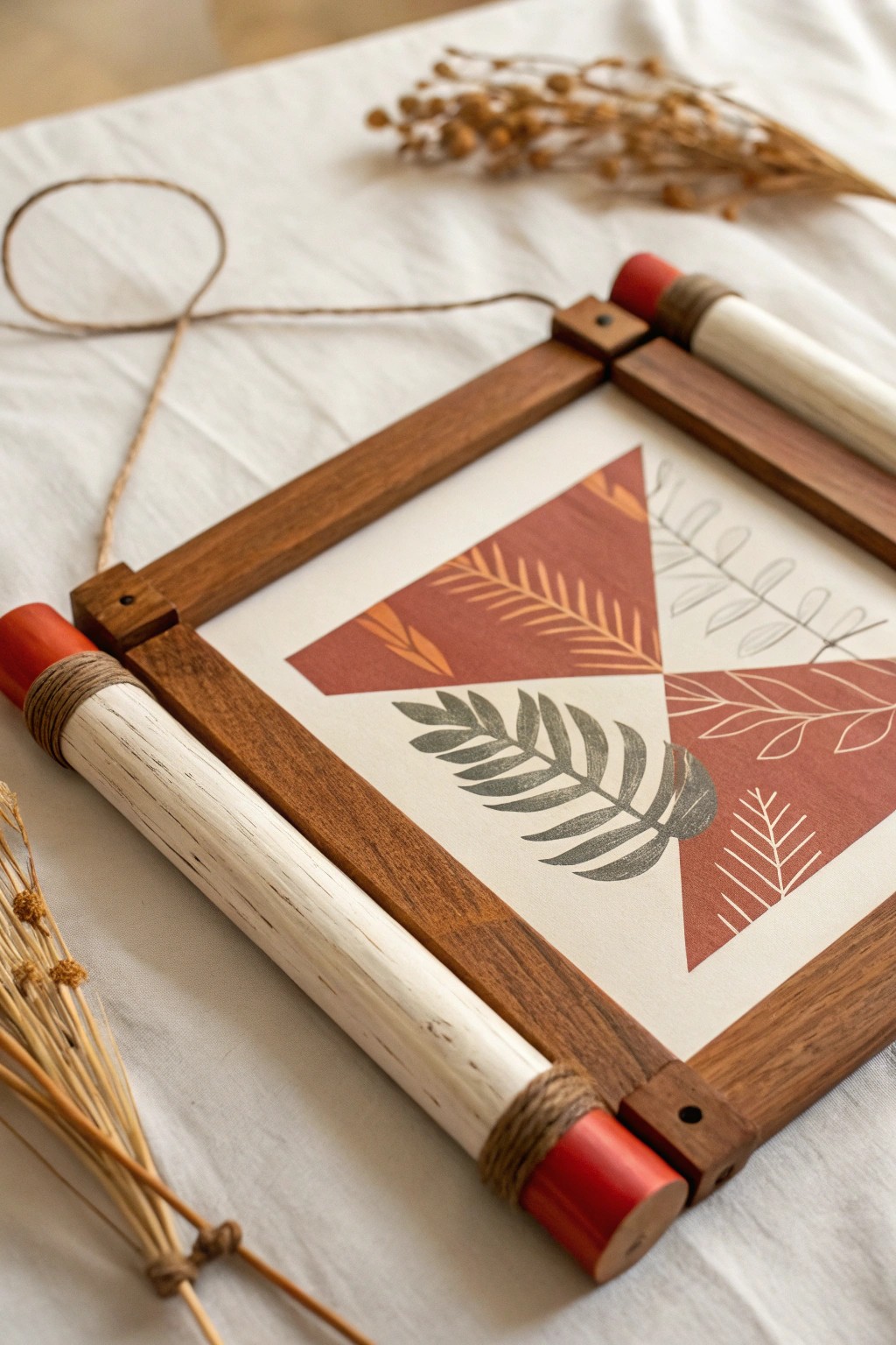 Sleek geometric scroll: a modern DIY frame crafted from painted wood sticks, perfect for swapping out your favorite art.